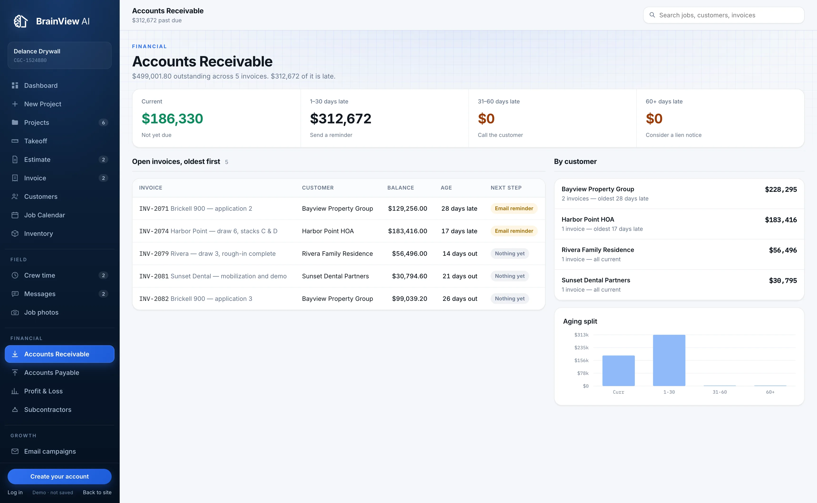 Accounts receivable aging in BrainView