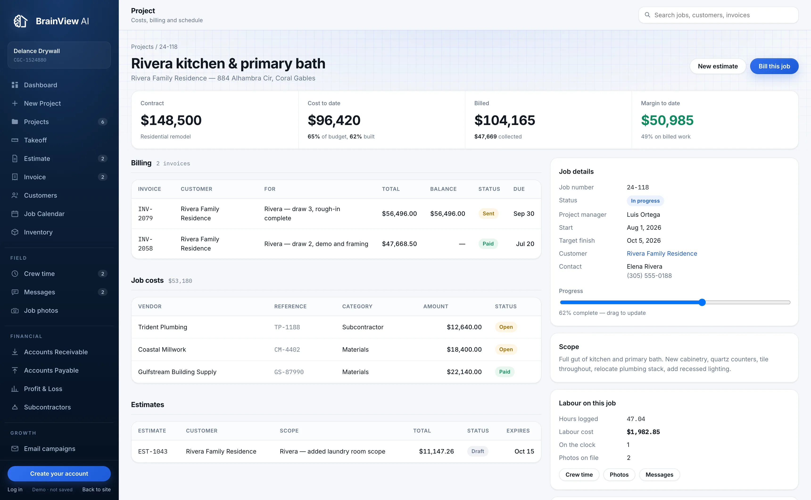 A job's costs, billing and margin in BrainView
