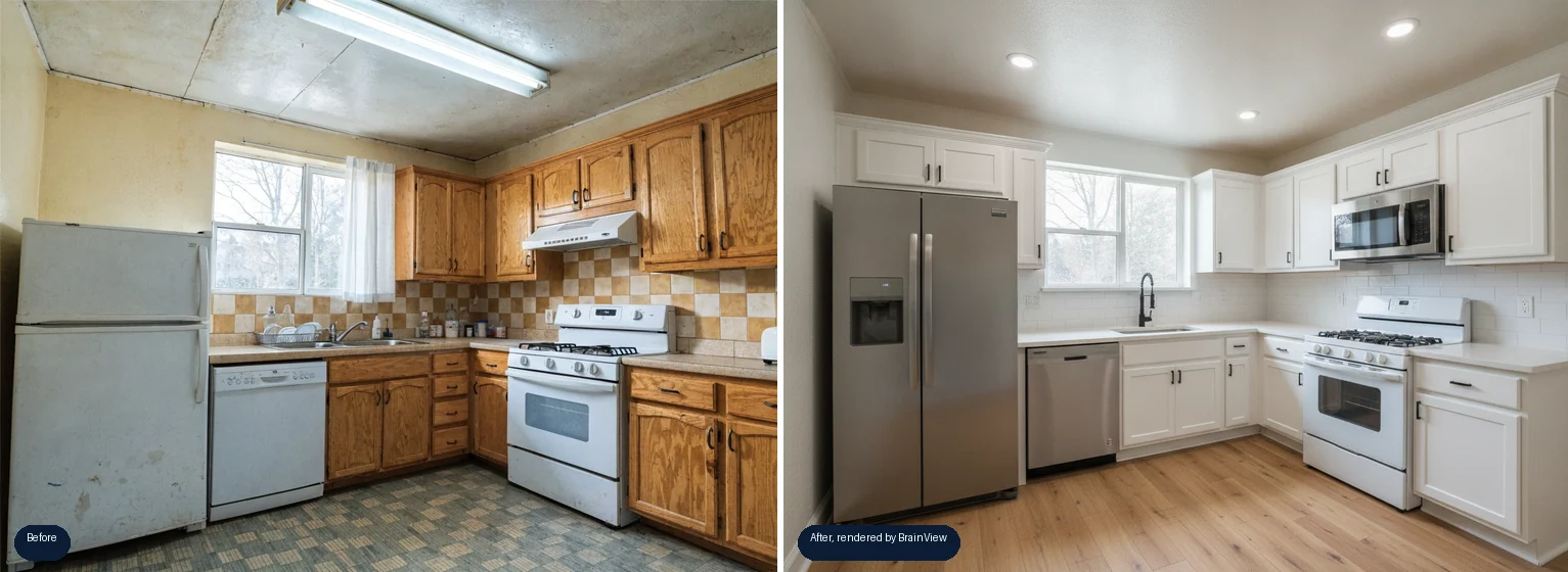 A dated oak kitchen next to the AI-rendered remodel: white shaker cabinets, quartz counters and light oak floors in the same room